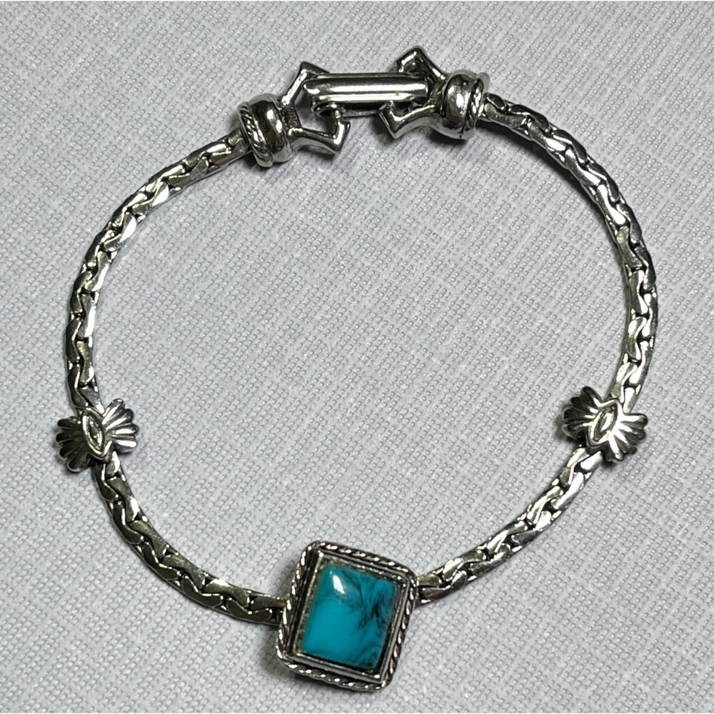 VTG Goldette Faux Turquoise Bracelet Silver Tone Chain Southwestern Boho FLAW